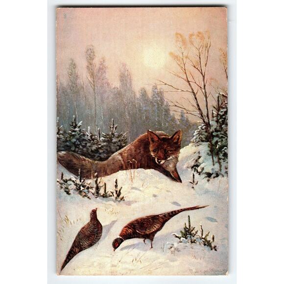 Signed Muller Artist Card Winter Fox and Pheasants Snow Scene - Picture 1 of 2
